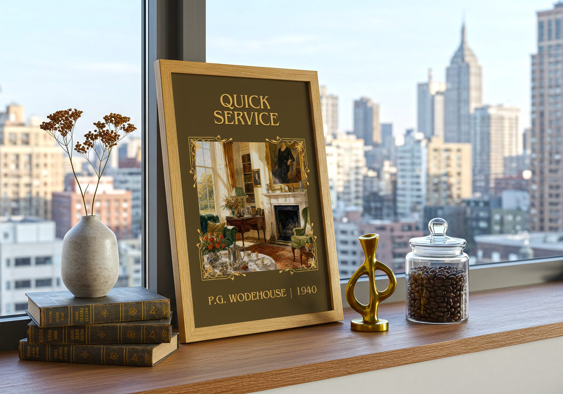 Quick Service Classic Book Art Print by P.G. Wodehouse – framed print on a city-view windowsill