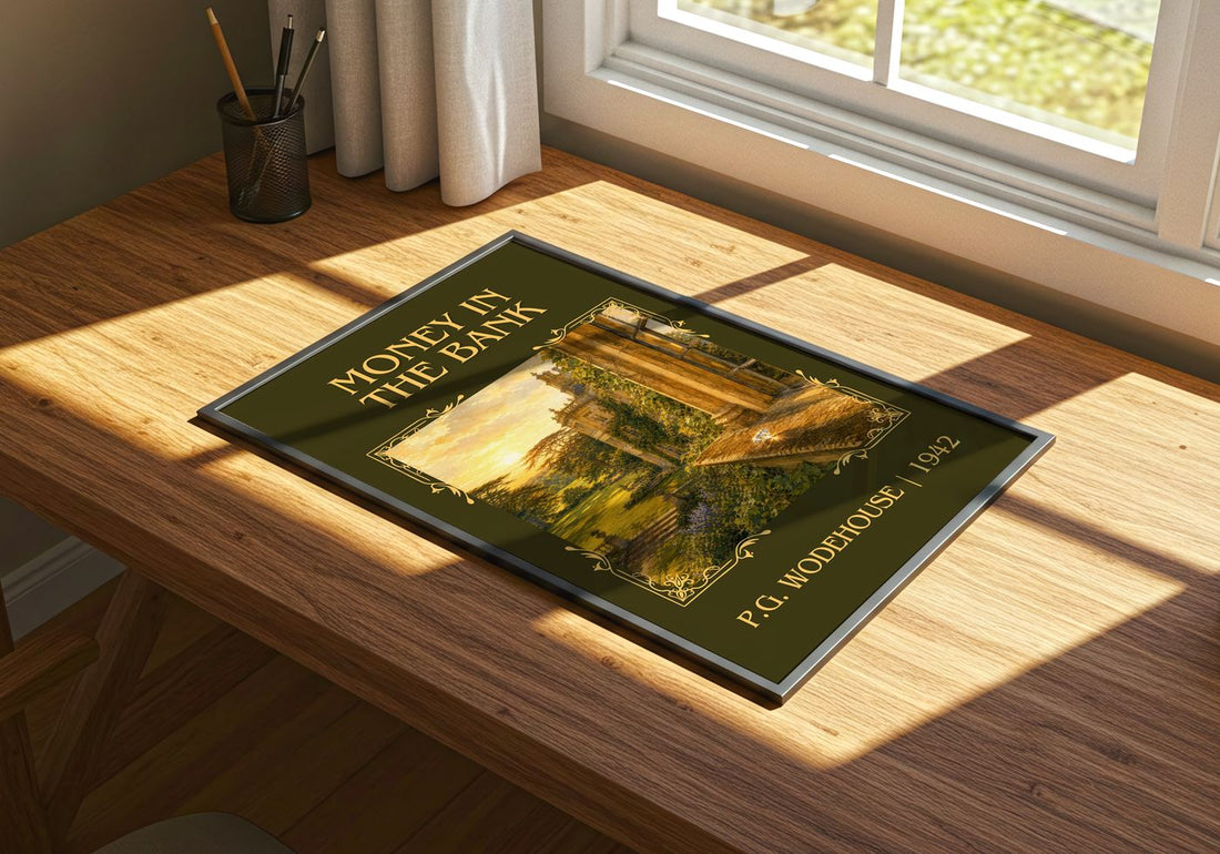 Money in the Bank Classic Book Art Print by P.G. Wodehouse – print on a sunlit desk