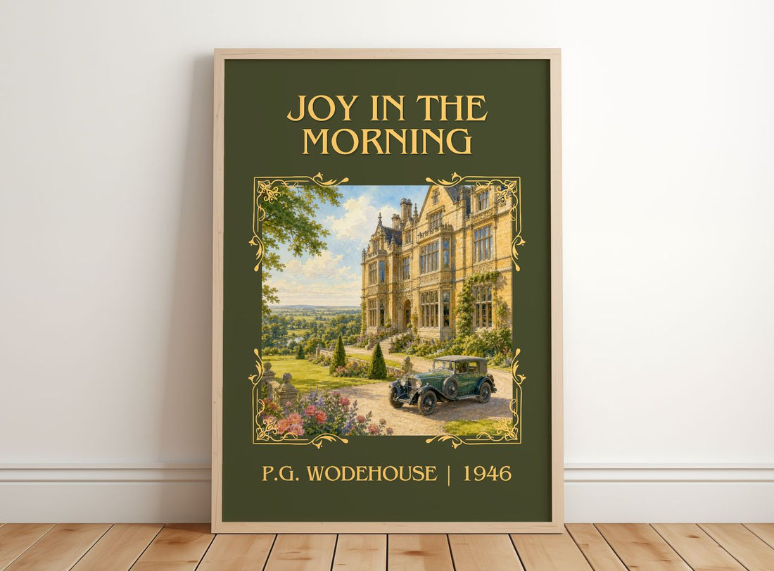 Joy in the Morning Classic Book Art Print by P.G. Wodehouse – framed print leaning on a wooden floor
