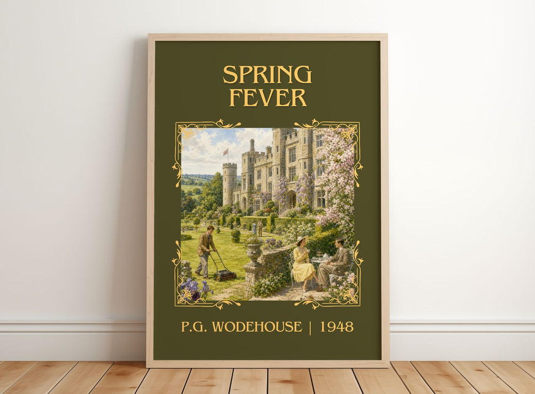 Spring Fever Classic Book Art Print by P.G. Wodehouse – framed print leaning on a wooden floor