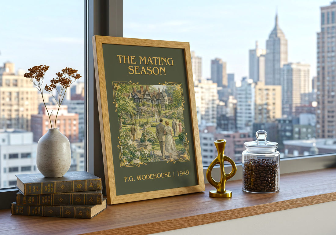 The Mating Season Classic Book Art Print by P.G. Wodehouse – framed print on a city-view windowsill