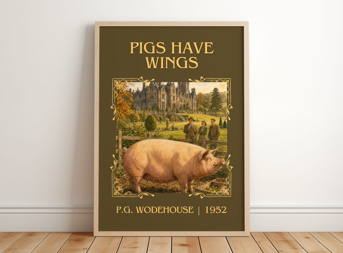 Pigs Have Wings Classic Book Art Print by P.G. Wodehouse – framed print leaning on a wooden floor
