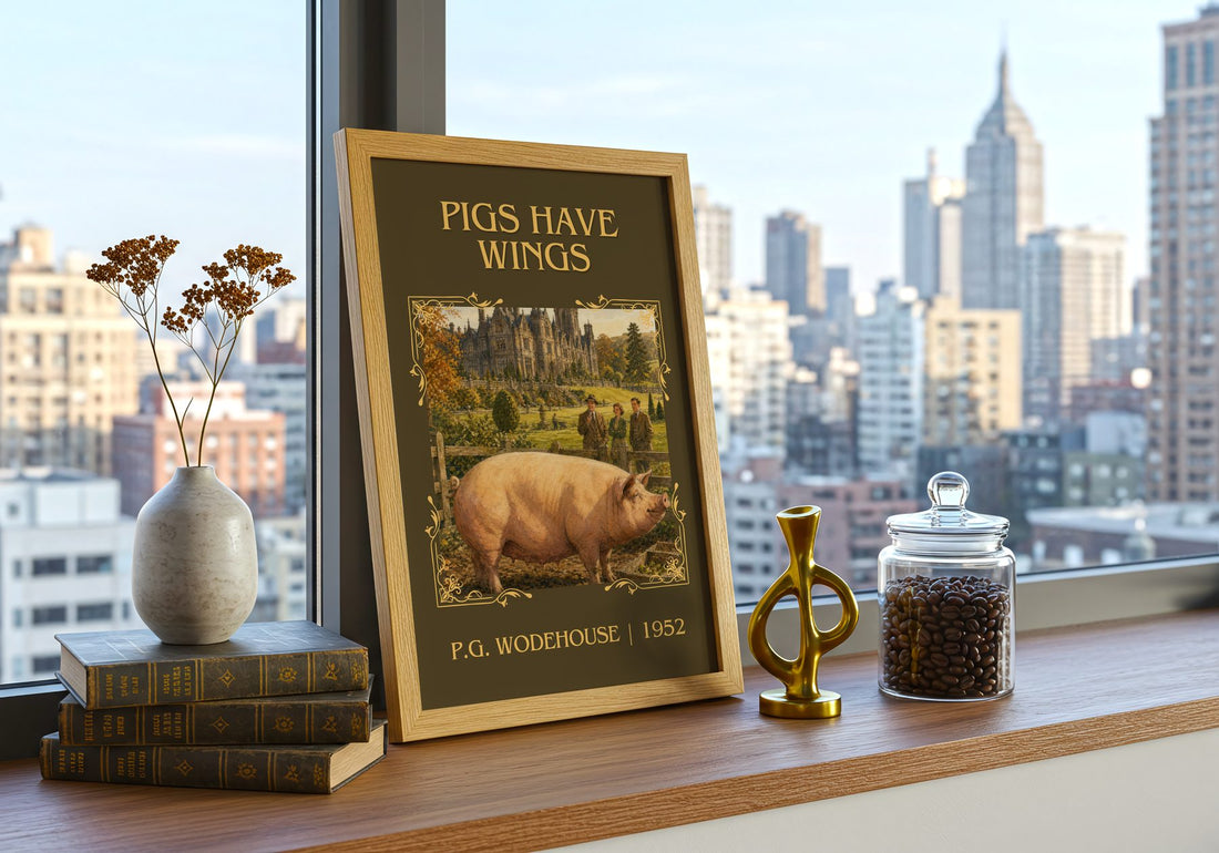 Pigs Have Wings Classic Book Art Print by P.G. Wodehouse – framed print on a city-view windowsill