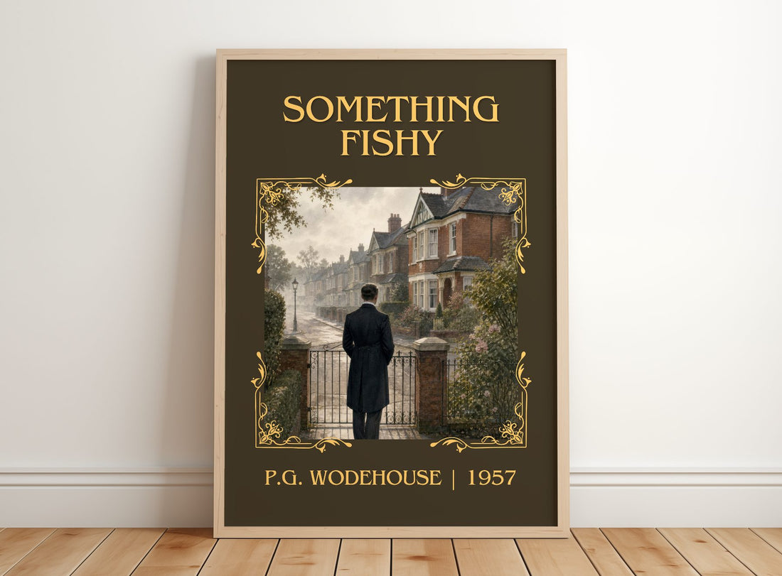 Something Fishy Classic Book Art Print by P.G. Wodehouse – framed print leaning on a wooden floor