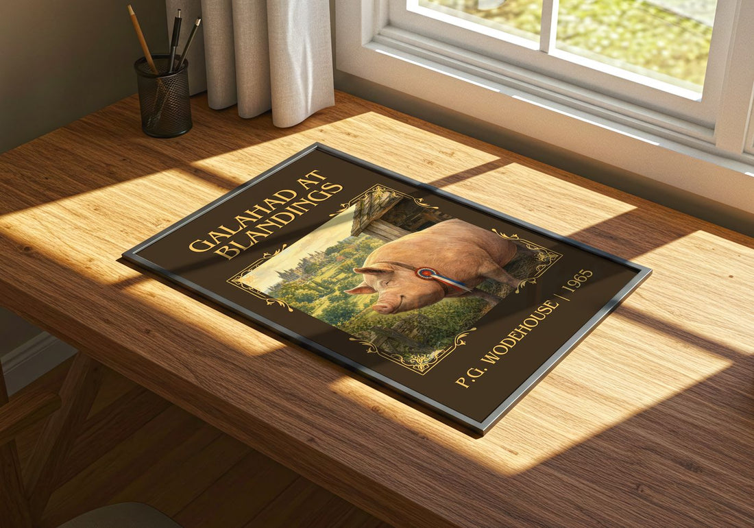 Galahad at Blandings Classic Book Art Print by P.G. Wodehouse – print on a sunlit desk