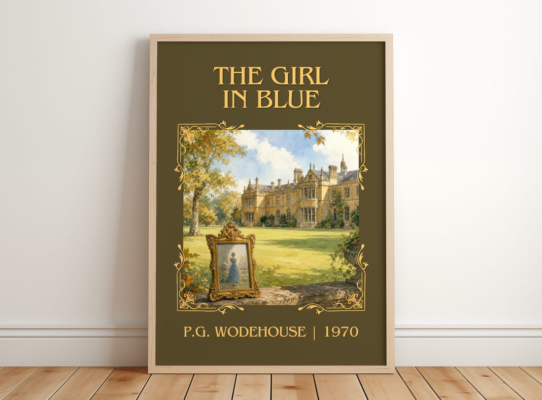 The Girl in Blue Classic Book Art Print by P.G. Wodehouse – framed print leaning on a wooden floor