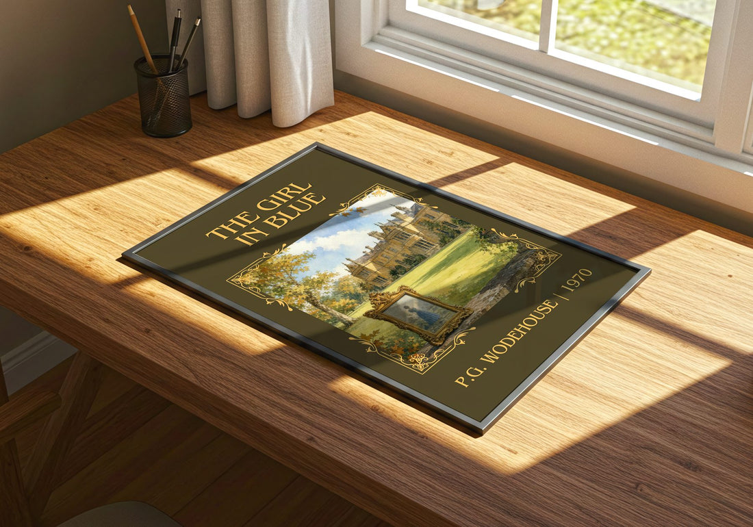 The Girl in Blue Classic Book Art Print by P.G. Wodehouse – print on a sunlit desk