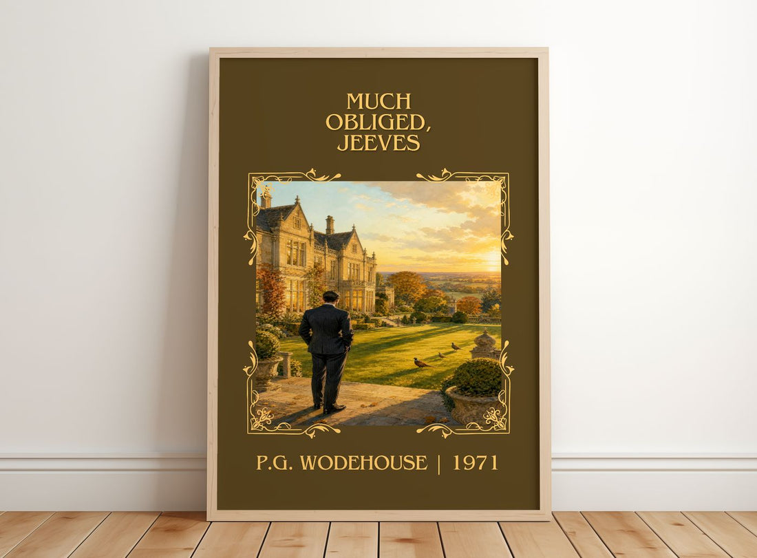 Much Obliged, Jeeves Classic Book Art Print by P.G. Wodehouse – framed print leaning on a wooden floor
