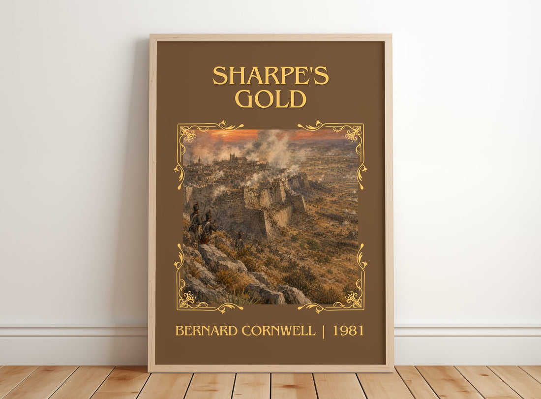 Sharpe's Gold Classic Book Art Print by Bernard Cornwell – framed print leaning on a wooden floor