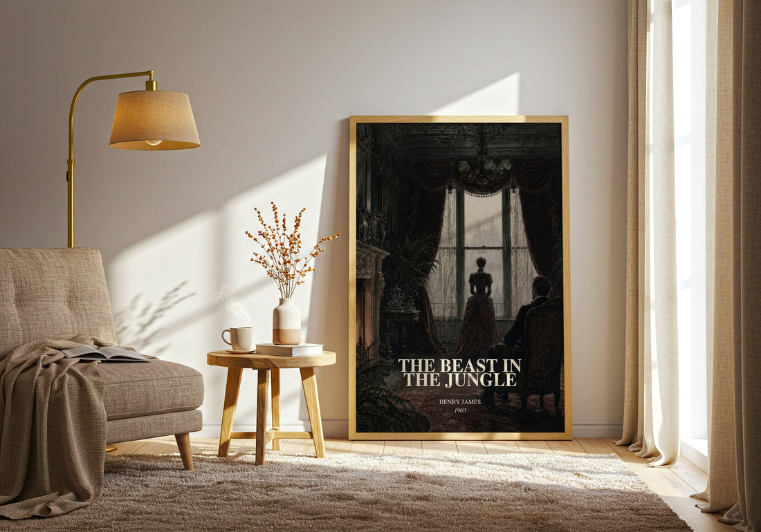 The Beast In The Jungle watercolour print in frame leaning in hallway – classic literature wall art (mockup)