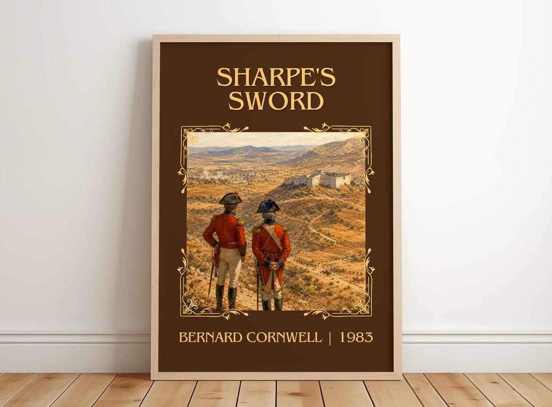 Sharpe's Sword Classic Book Art Print by Bernard Cornwell – framed print leaning on a wooden floor