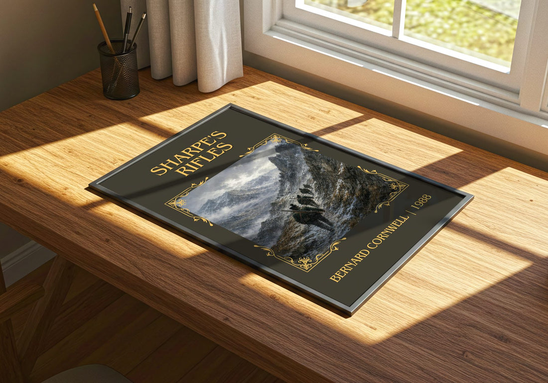 Sharpe's Rifles Classic Book Art Print by Bernard Cornwell – print on a sunlit desk