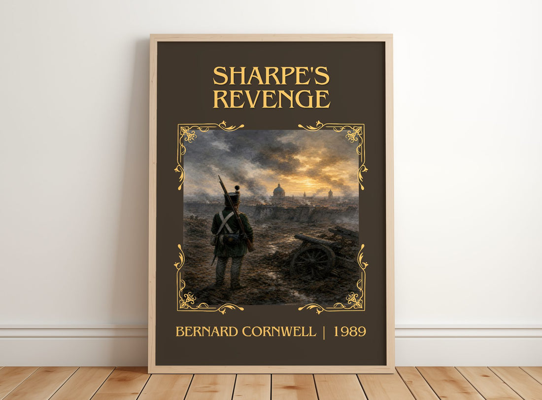 Sharpe's Revenge Classic Book Art Print by Bernard Cornwell – framed print leaning on a wooden floor