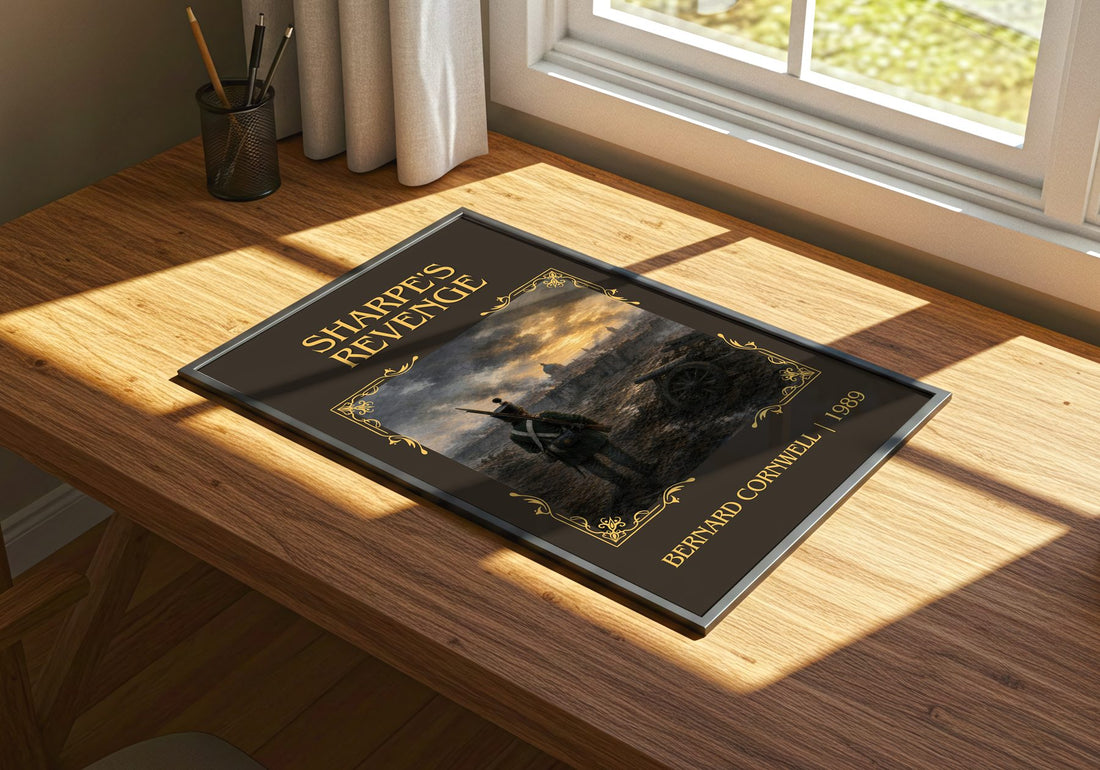 Sharpe's Revenge Classic Book Art Print by Bernard Cornwell – print on a sunlit desk