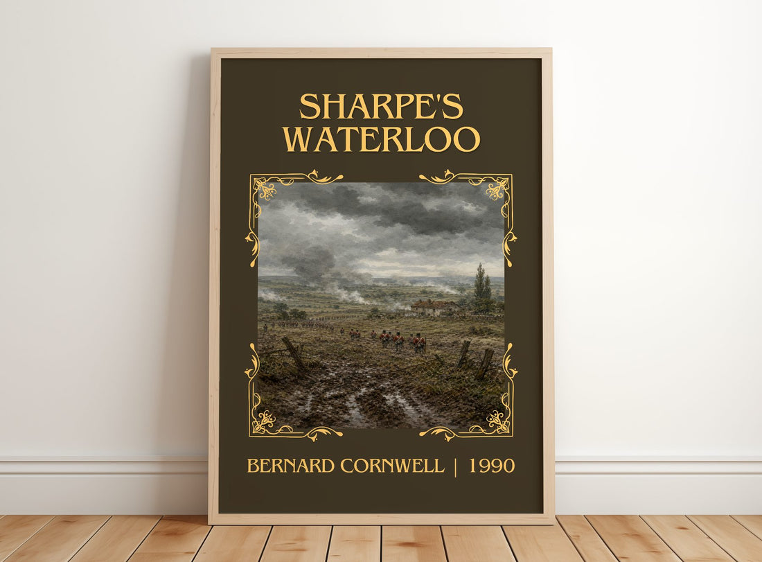 Sharpe's Waterloo Classic Book Art Print by Bernard Cornwell – framed print leaning on a wooden floor