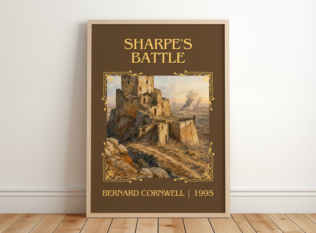 Sharpe's Battle Classic Book Art Print by Bernard Cornwell – framed print leaning on a wooden floor