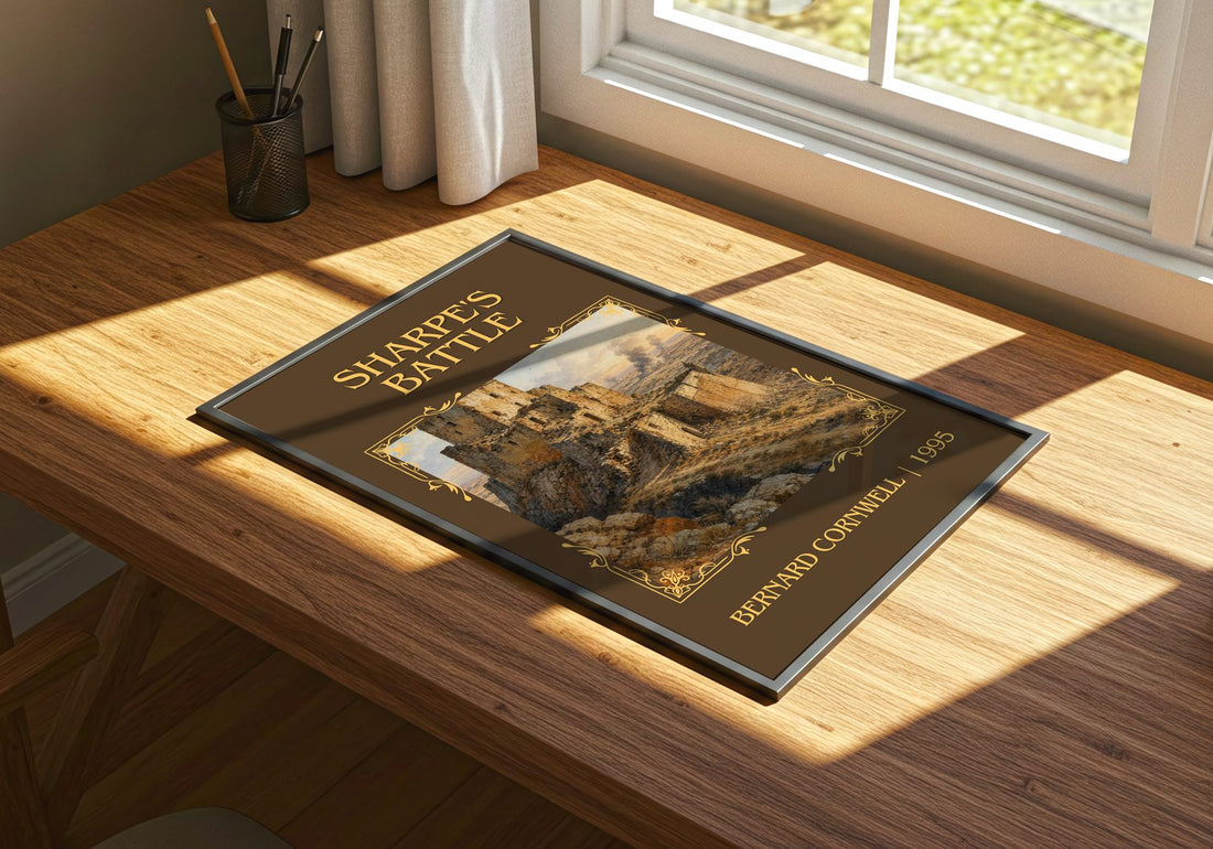 Sharpe's Battle Classic Book Art Print by Bernard Cornwell – print on a sunlit desk