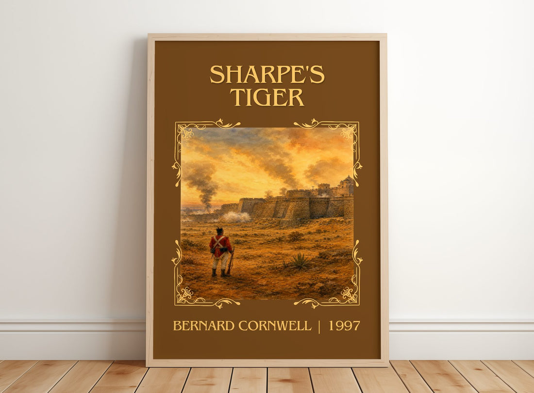 Sharpe's Tiger Classic Book Art Print by Bernard Cornwell – framed print leaning on a wooden floor
