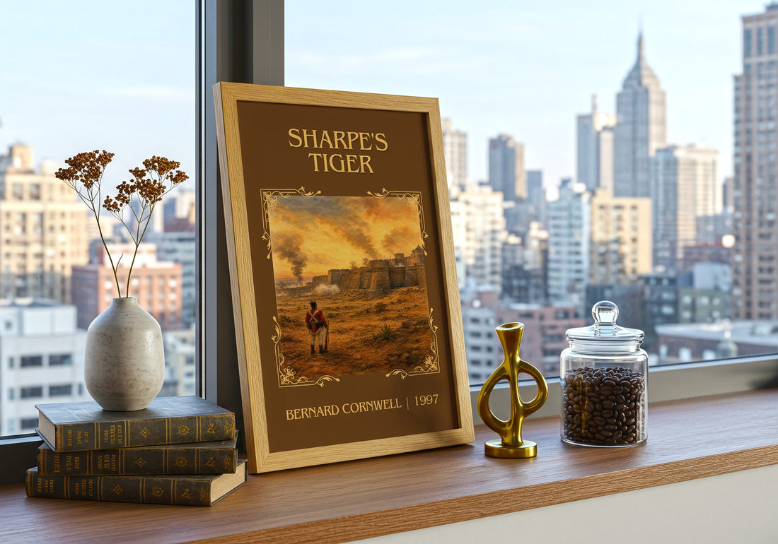 Sharpe's Tiger Classic Book Art Print by Bernard Cornwell – framed print on a city-view windowsill