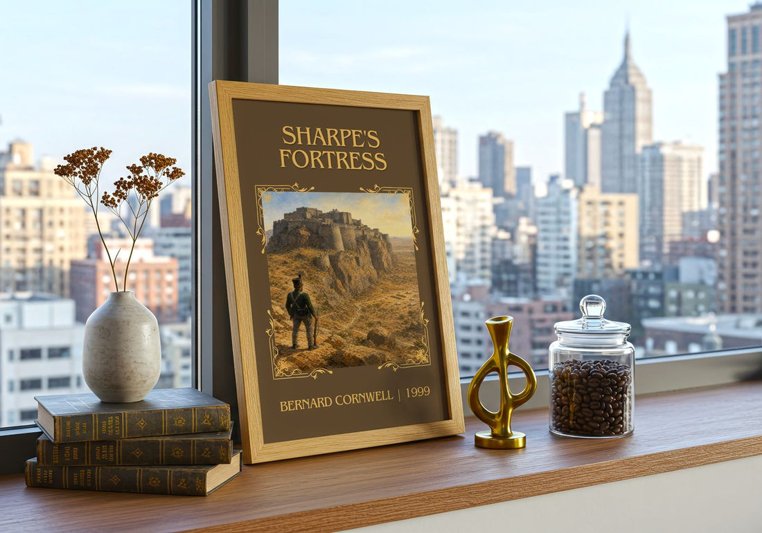 Sharpe's Fortress Classic Book Art Print by Bernard Cornwell – framed print on a city-view windowsill