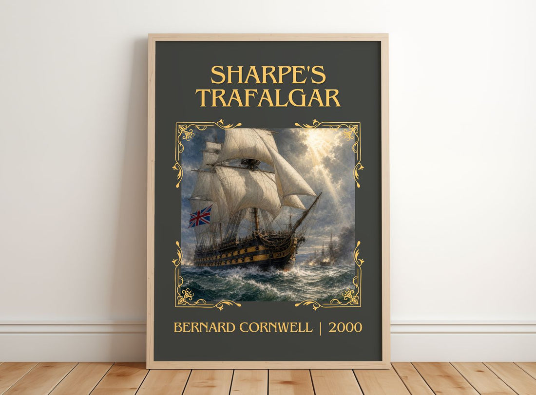 Sharpe's Trafalgar Classic Book Art Print by Bernard Cornwell – framed print leaning on a wooden floor