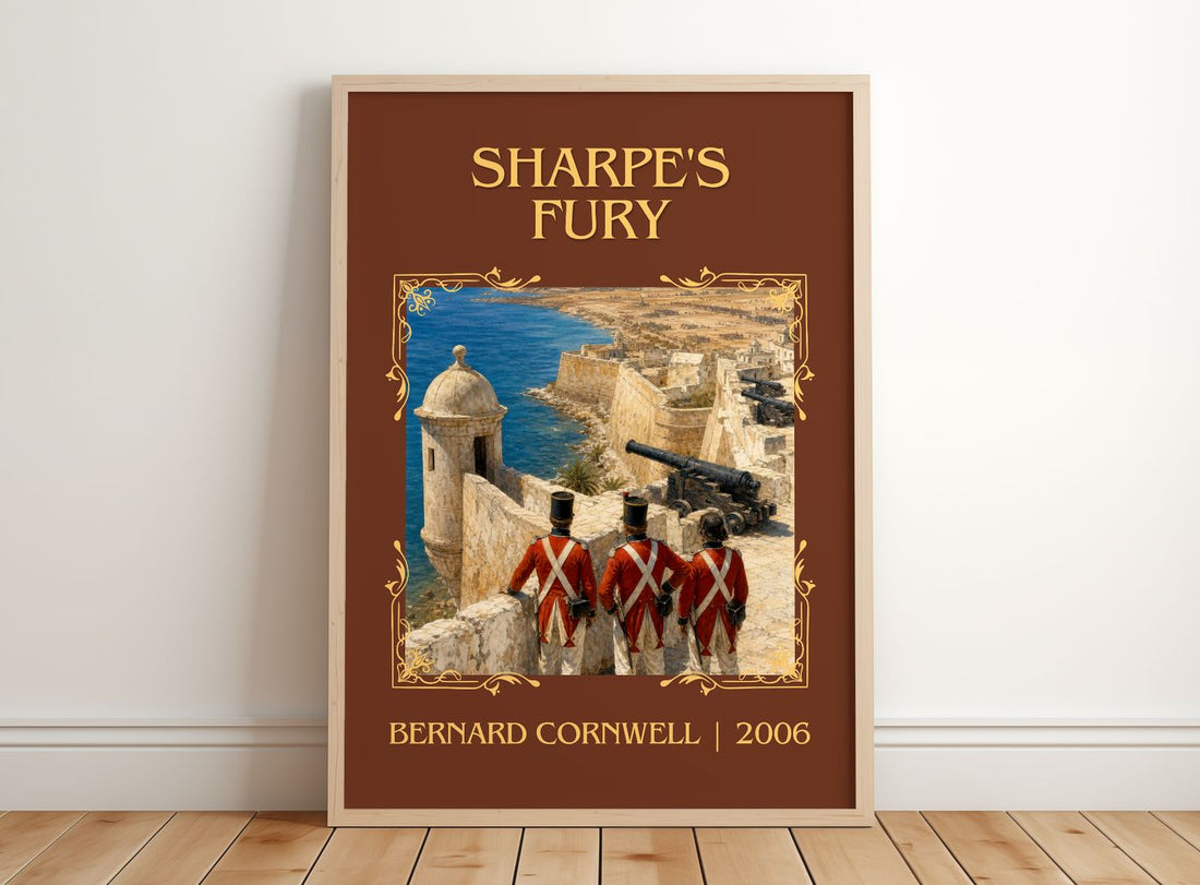Sharpe's Fury Classic Book Art Print by Bernard Cornwell – framed print leaning on a wooden floor