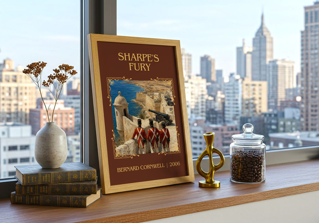 Sharpe's Fury Classic Book Art Print by Bernard Cornwell – framed print on a city-view windowsill
