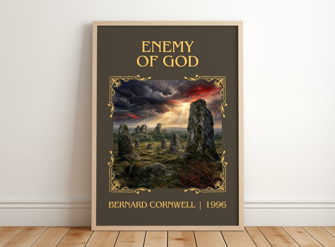 Enemy of God Classic Book Art Print by Bernard Cornwell – framed print leaning on a wooden floor