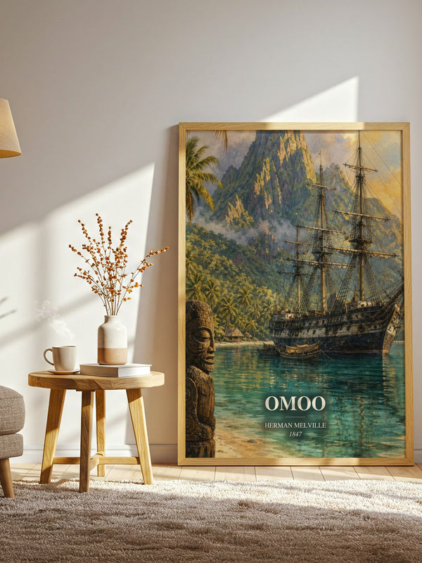 Omoo watercolour print in frame leaning in hallway – adventure wall art