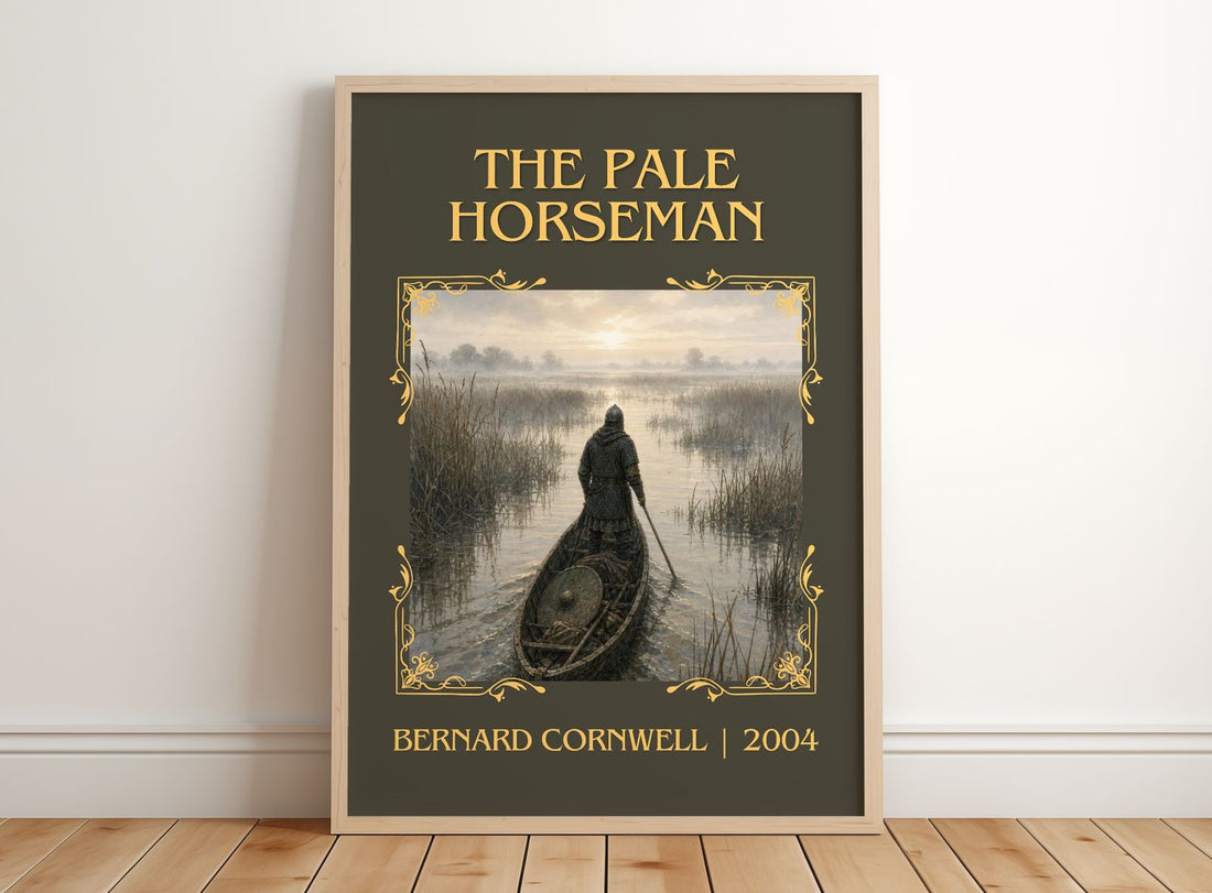 The Pale Horseman Classic Book Art Print by Bernard Cornwell – framed print leaning on a wooden floor