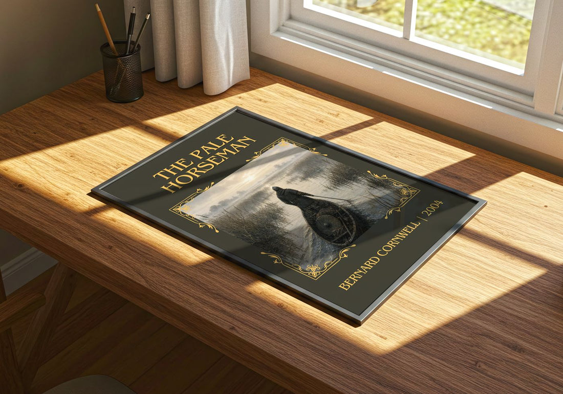 The Pale Horseman Classic Book Art Print by Bernard Cornwell – print on a sunlit desk