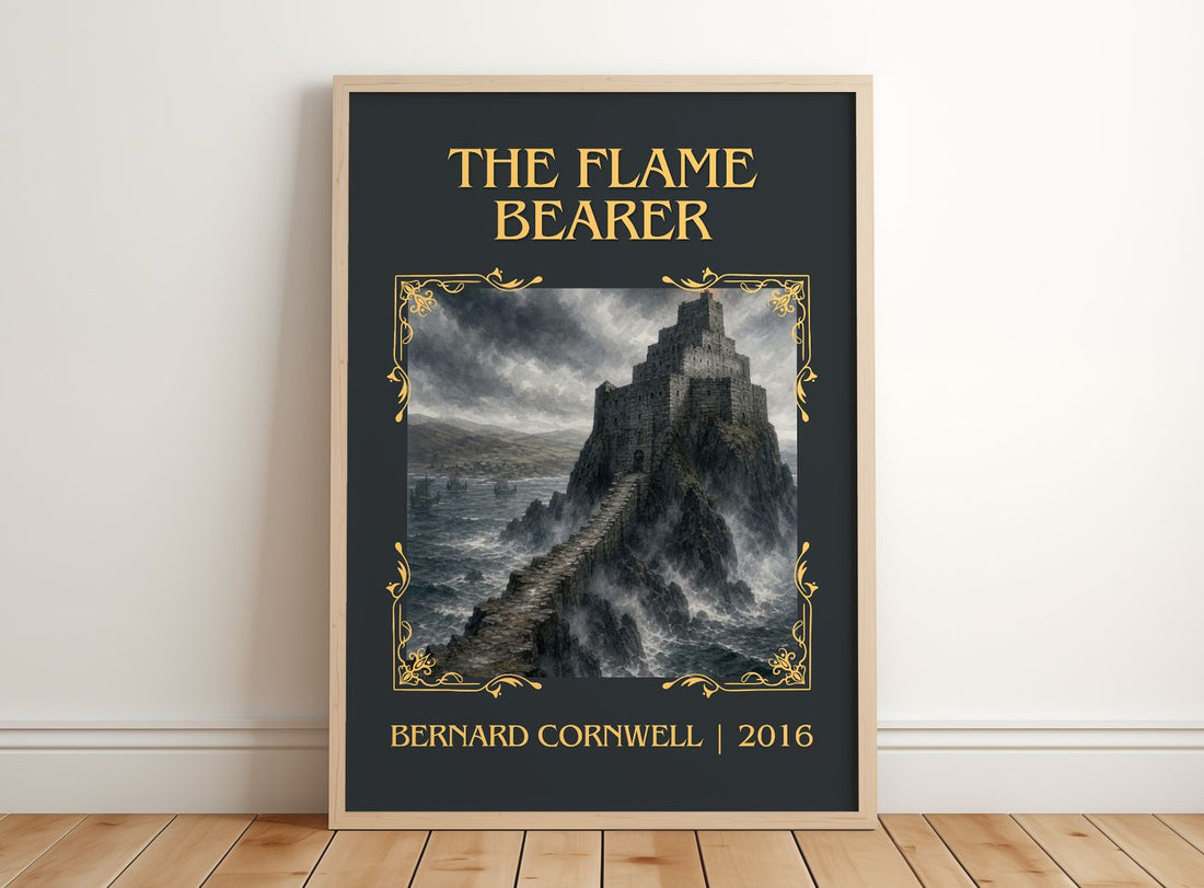 The Flame Bearer Classic Book Art Print by Bernard Cornwell – framed print leaning on a wooden floor