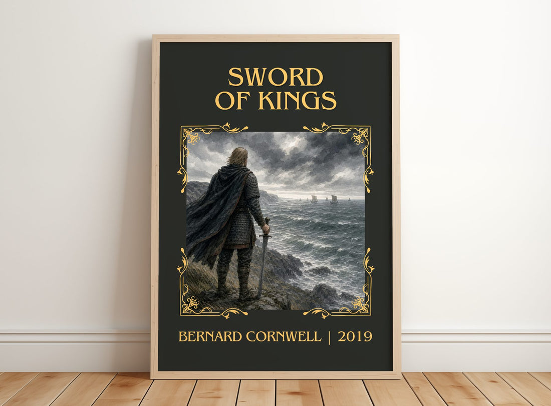 Sword of Kings Classic Book Art Print by Bernard Cornwell – framed print leaning on a wooden floor