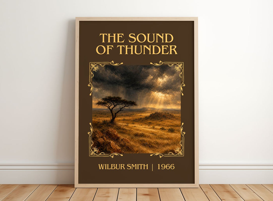 The Sound of Thunder Classic Book Art Print by Wilbur Smith – framed print leaning on a wooden floor
