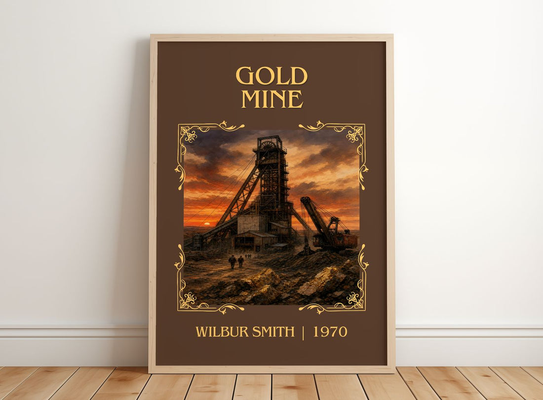 Gold Mine Classic Book Art Print by Wilbur Smith – framed print leaning on a wooden floor