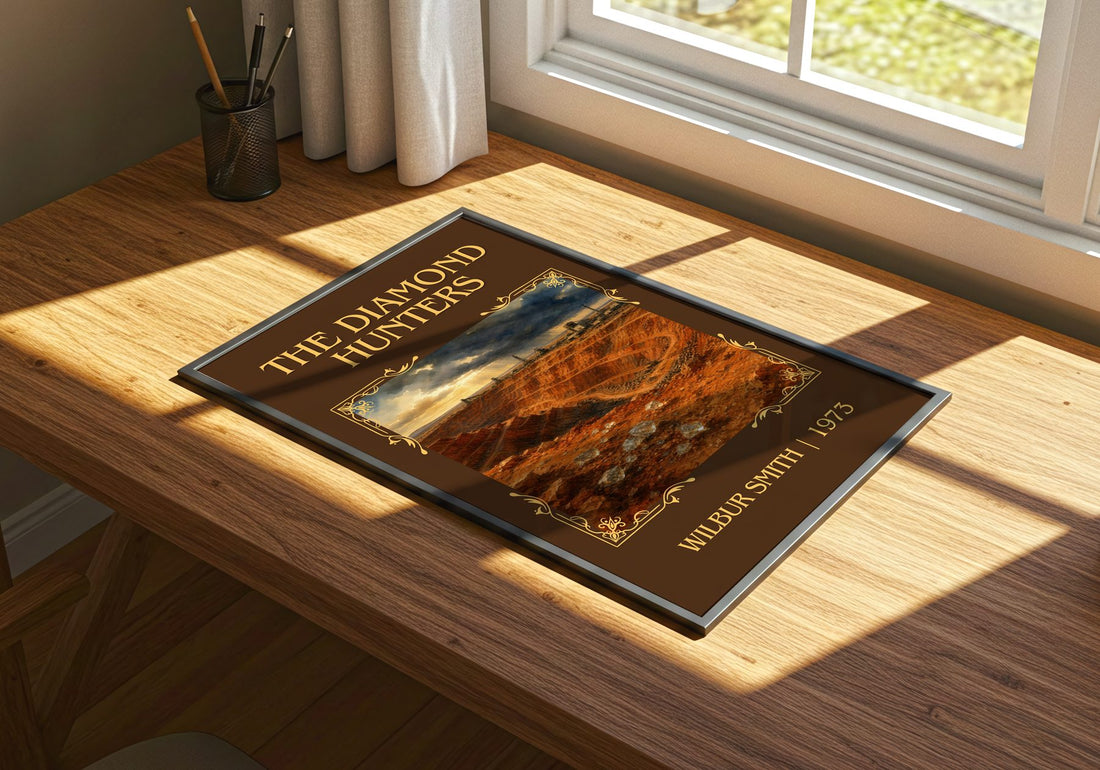 The Diamond Hunters Classic Book Art Print by Wilbur Smith – print on a sunlit desk
