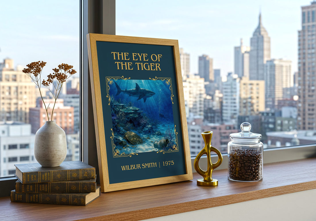 The Eye of the Tiger Classic Book Art Print by Wilbur Smith – framed print on a city-view windowsill