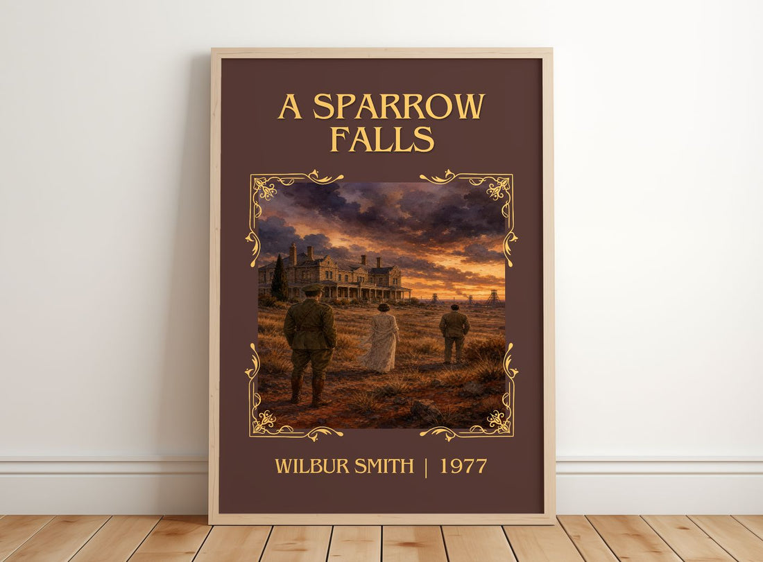 A Sparrow Falls Classic Book Art Print by Wilbur Smith – framed print leaning on a wooden floor
