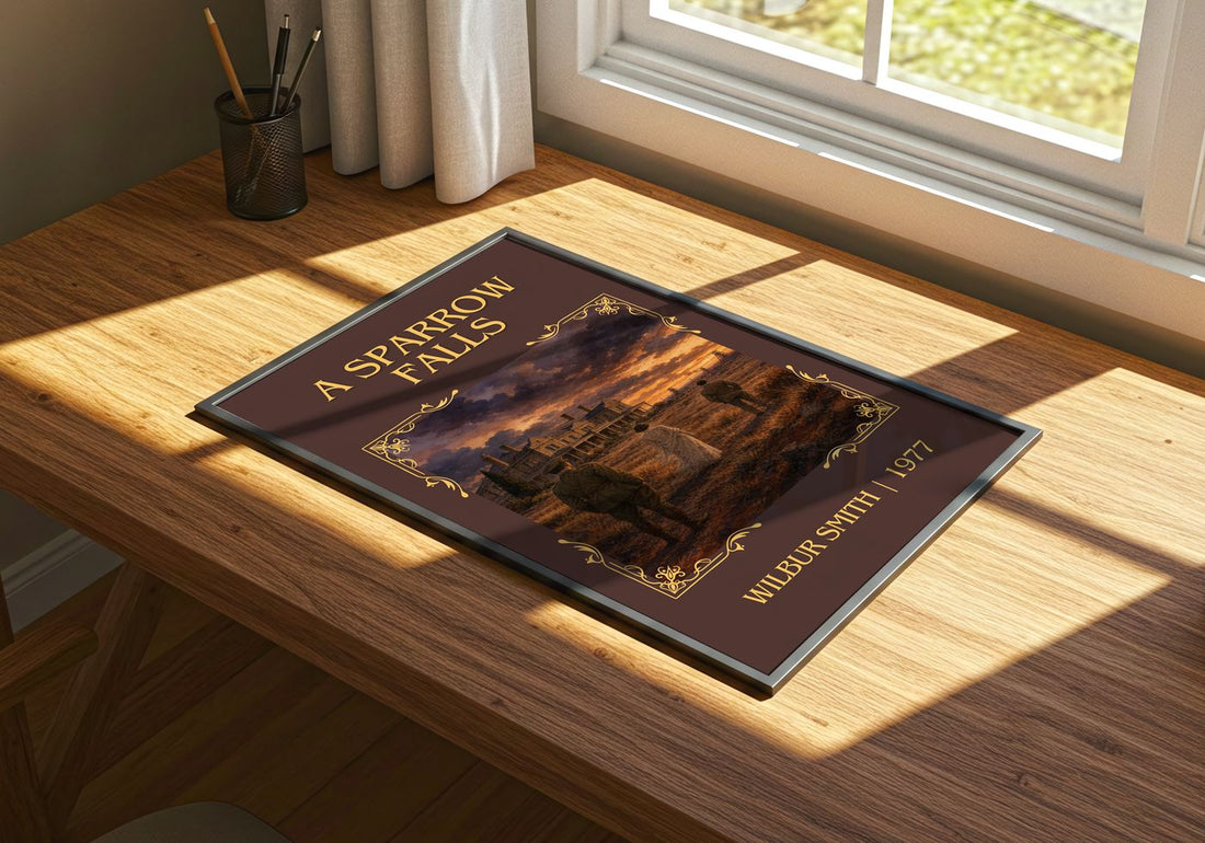 A Sparrow Falls Classic Book Art Print by Wilbur Smith – print on a sunlit desk