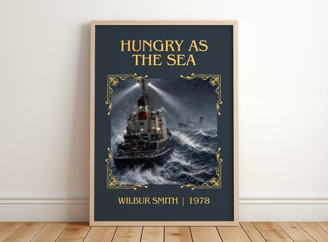 Hungry as the Sea Classic Book Art Print by Wilbur Smith – framed print leaning on a wooden floor