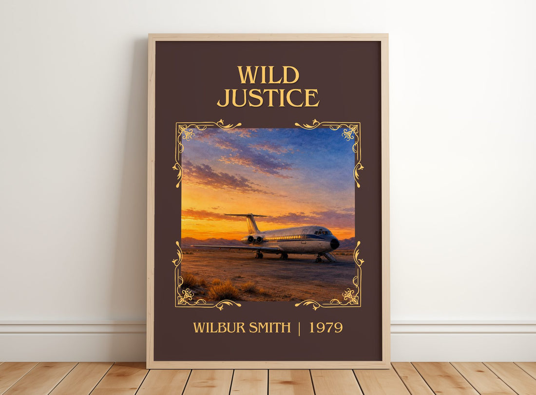 Wild Justice Classic Book Art Print by Wilbur Smith – framed print leaning on a wooden floor