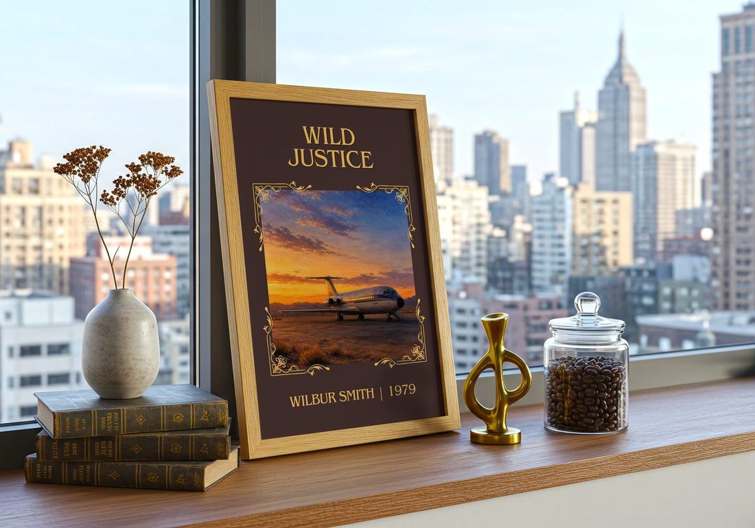 Wild Justice Classic Book Art Print by Wilbur Smith – framed print on a city-view windowsill