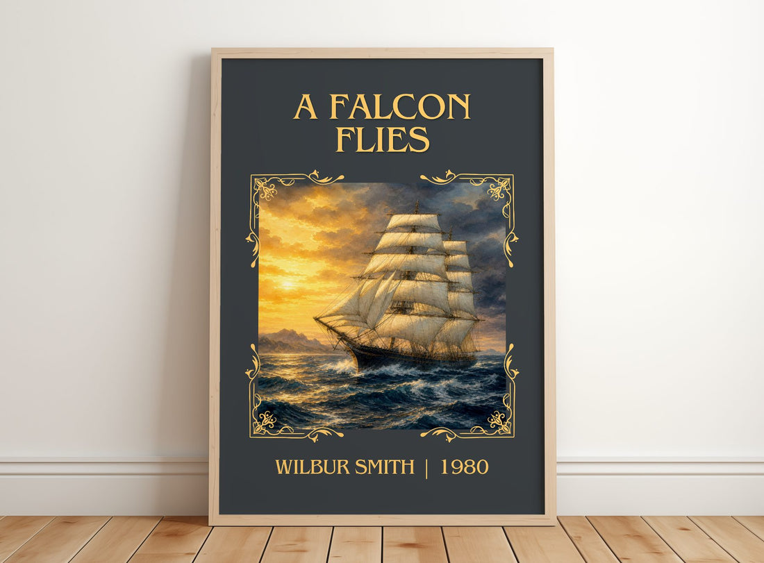 A Falcon Flies Classic Book Art Print by Wilbur Smith – framed print leaning on a wooden floor