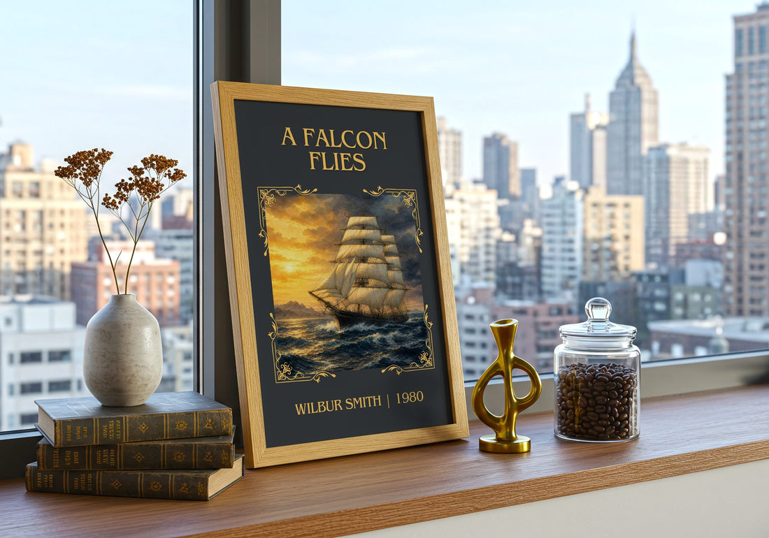 A Falcon Flies Classic Book Art Print by Wilbur Smith – framed print on a city-view windowsill