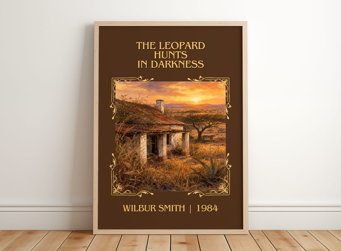 The Leopard Hunts in Darkness Classic Book Art Print by Wilbur Smith – framed print leaning on a wooden floor