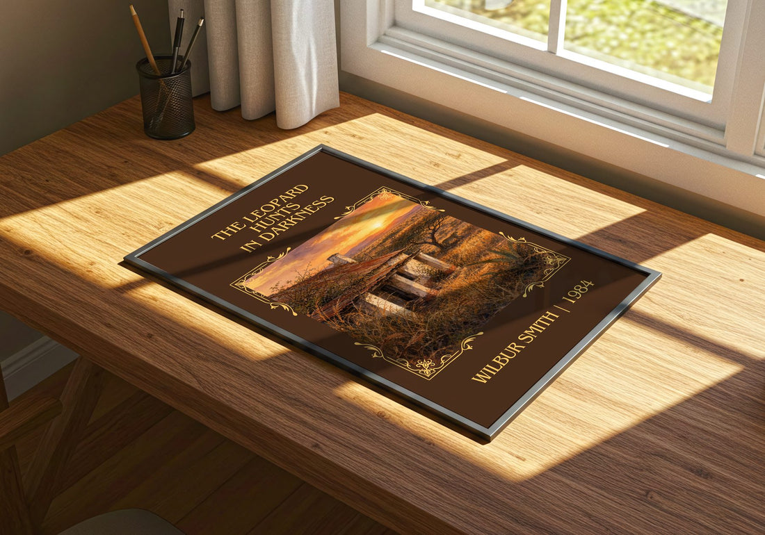 The Leopard Hunts in Darkness Classic Book Art Print by Wilbur Smith – print on a sunlit desk