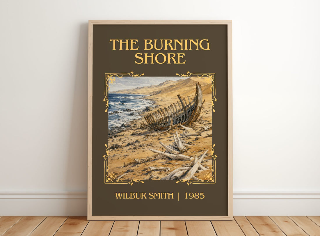 The Burning Shore Classic Book Art Print by Wilbur Smith – framed print leaning on a wooden floor