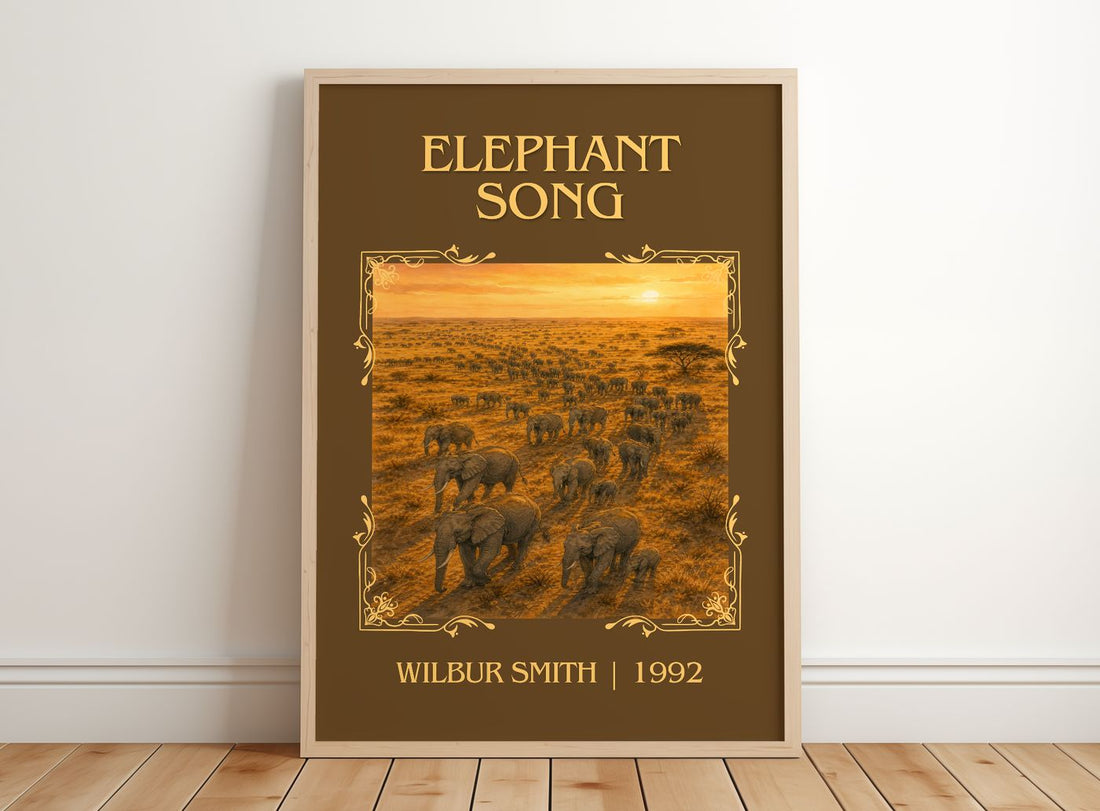 Elephant Song Classic Book Art Print by Wilbur Smith – framed print leaning on a wooden floor