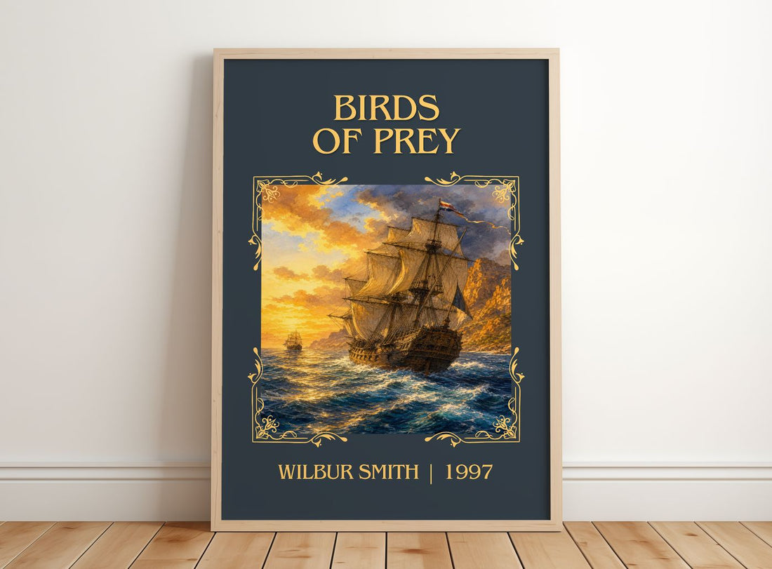 Birds of Prey Classic Book Art Print by Wilbur Smith – framed print leaning on a wooden floor