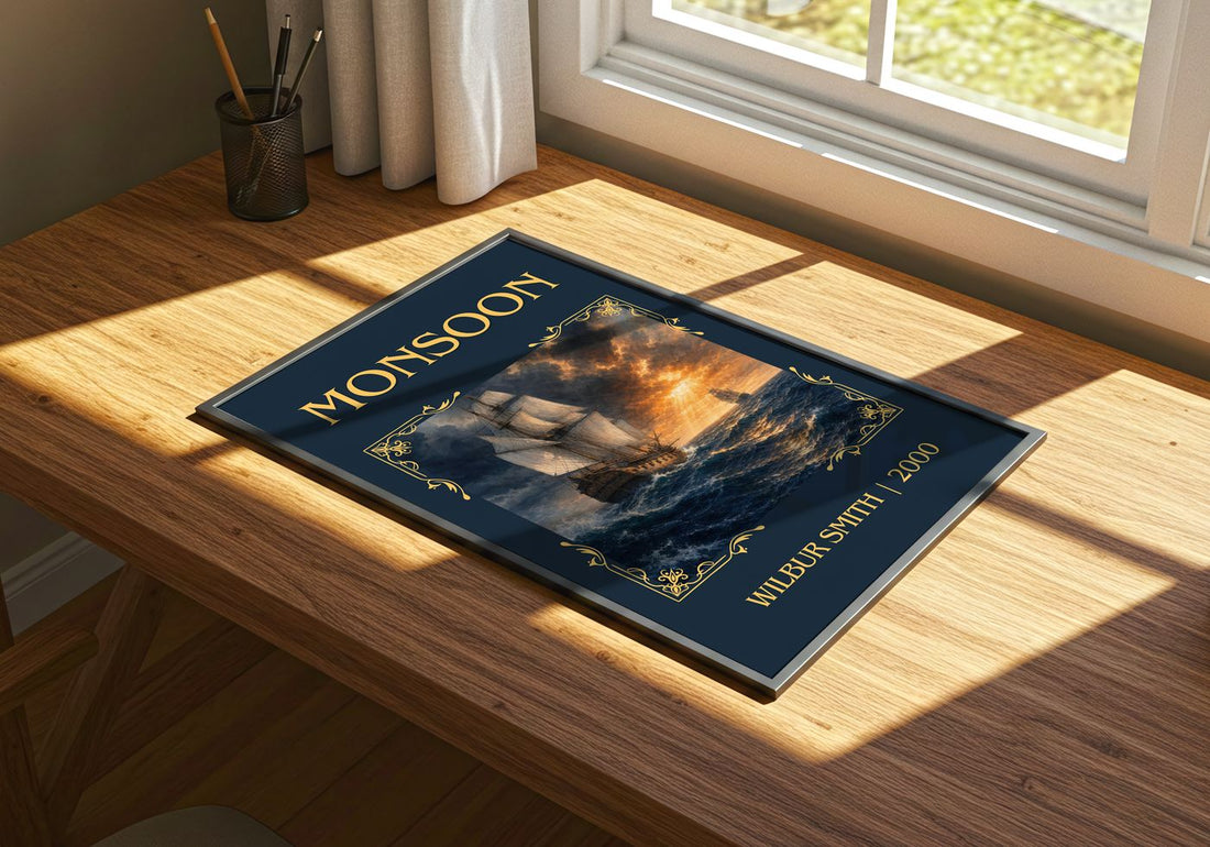 Monsoon Classic Book Art Print by Wilbur Smith – print on a sunlit desk